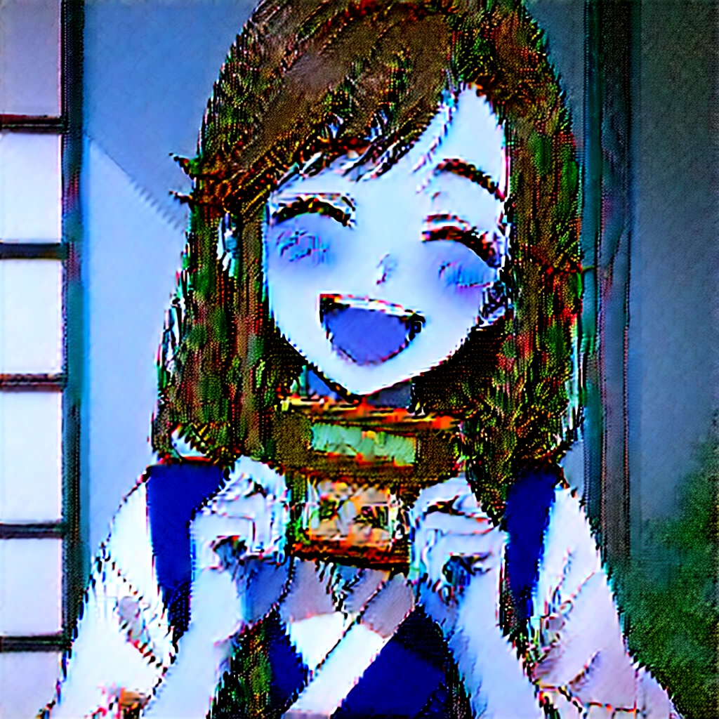 Very beautiful 18 year old Japanese woman, holding old cassette tape, cassette tape facing front, woman looks very happy.