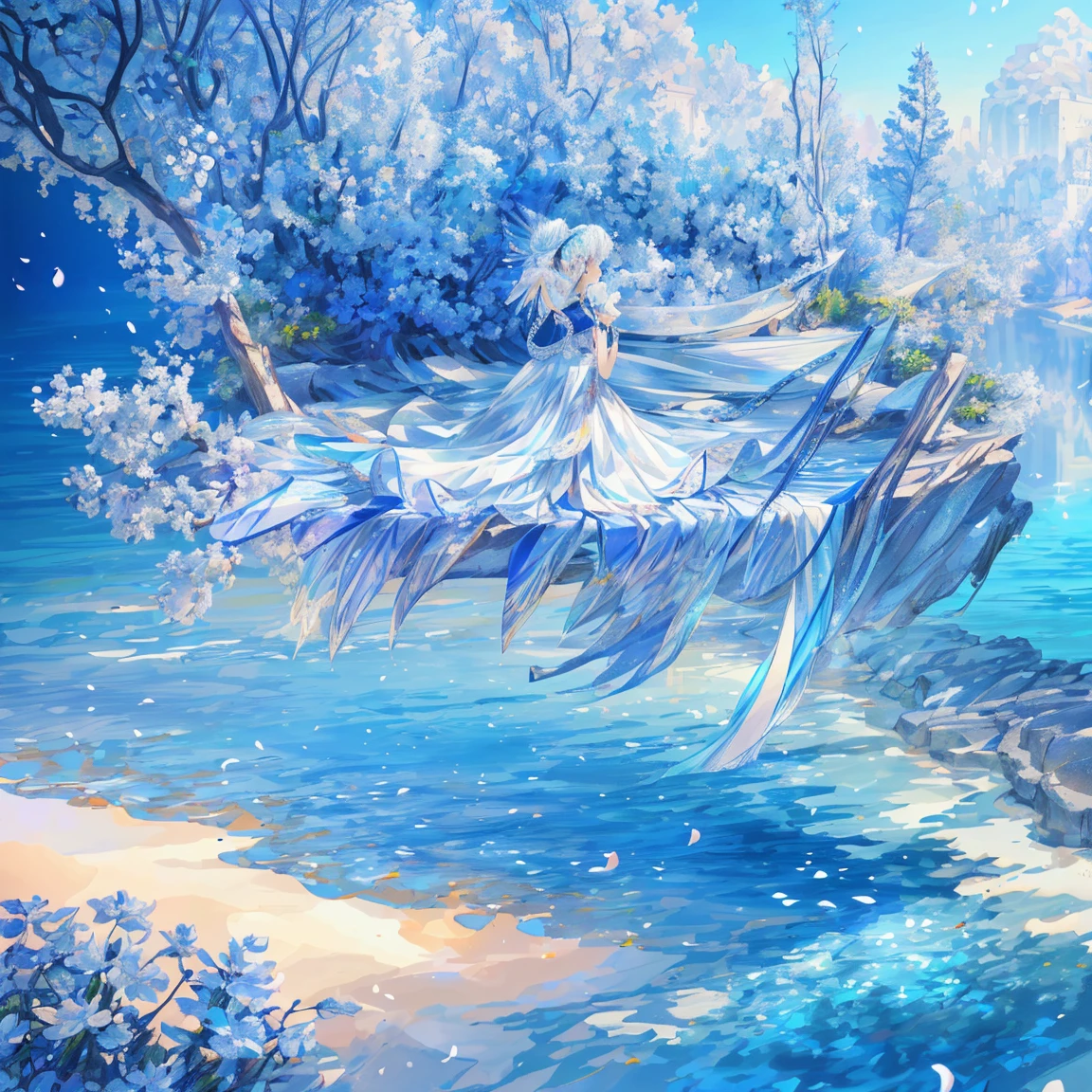 (best quality,4K,8K,high resolution,masterpiece:1.2), Extremely detailed, (Reality:1.37), (CG:1.1) (best quality) Nature, blue sea with delicately colored tree leaves and flower petals falling in the air, Ray Tracing, Extremely detailed, (Best shadow) and (illustration) landscape no humans