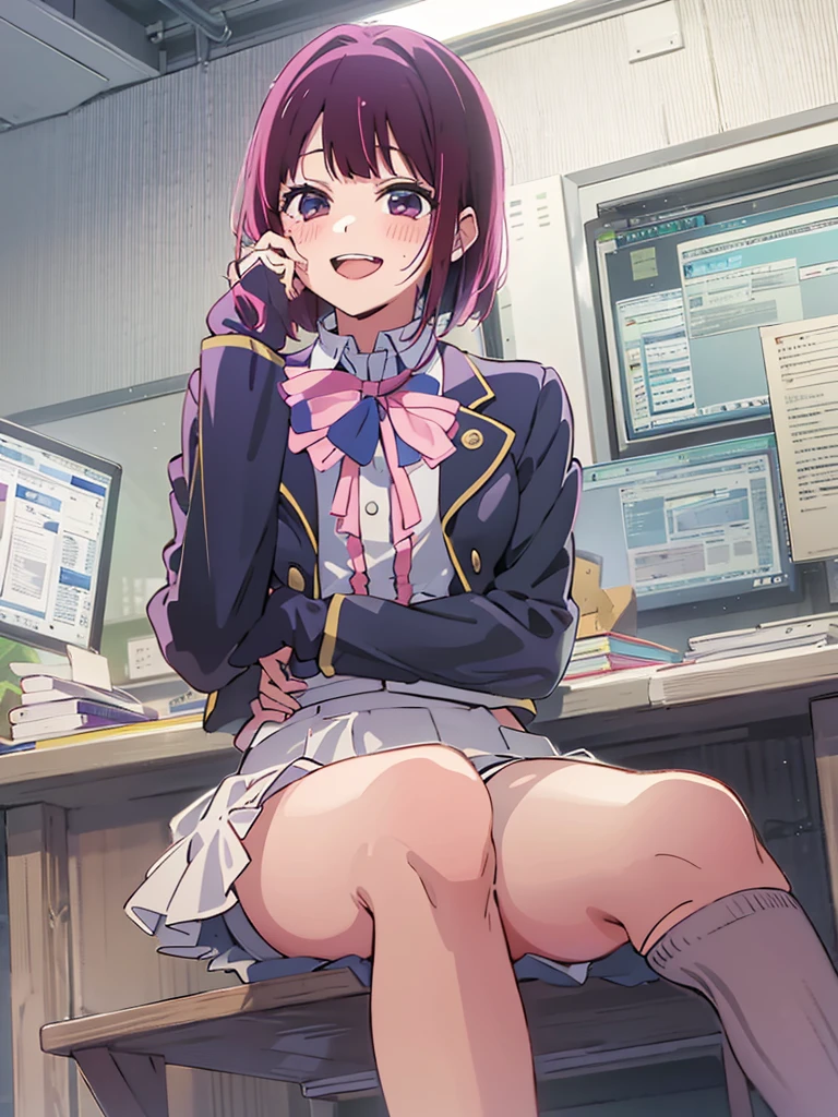 (((Anime Style,Arima Kana,1 person,uniform,classroom,Sit cross-legged at a desk,blush,Laughter,touch))),((Shooting from below,Black knee socks,Black underwear,Panty shot,Shot in close-up))
