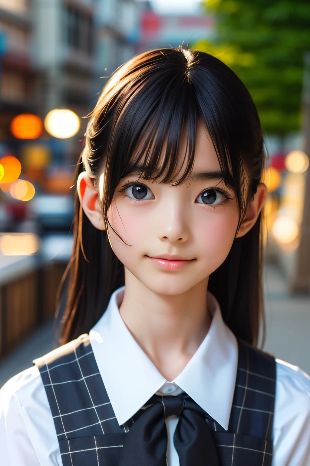 detailed face, cute face, ((masterpiece, Highest quality)), (One girl), (alone), (Focus on women), night (Chainsaw Man),(Highly detailed face, The real picture, Realistic white skin, Realistic body, Intricate details), Upper Body, Severe , Brown eyes, Looking at the audience, bandage over the body, Black Hair, Long sleeve shirt, Pinafore dress, Black tie, bandage, bandage, Small breasts
