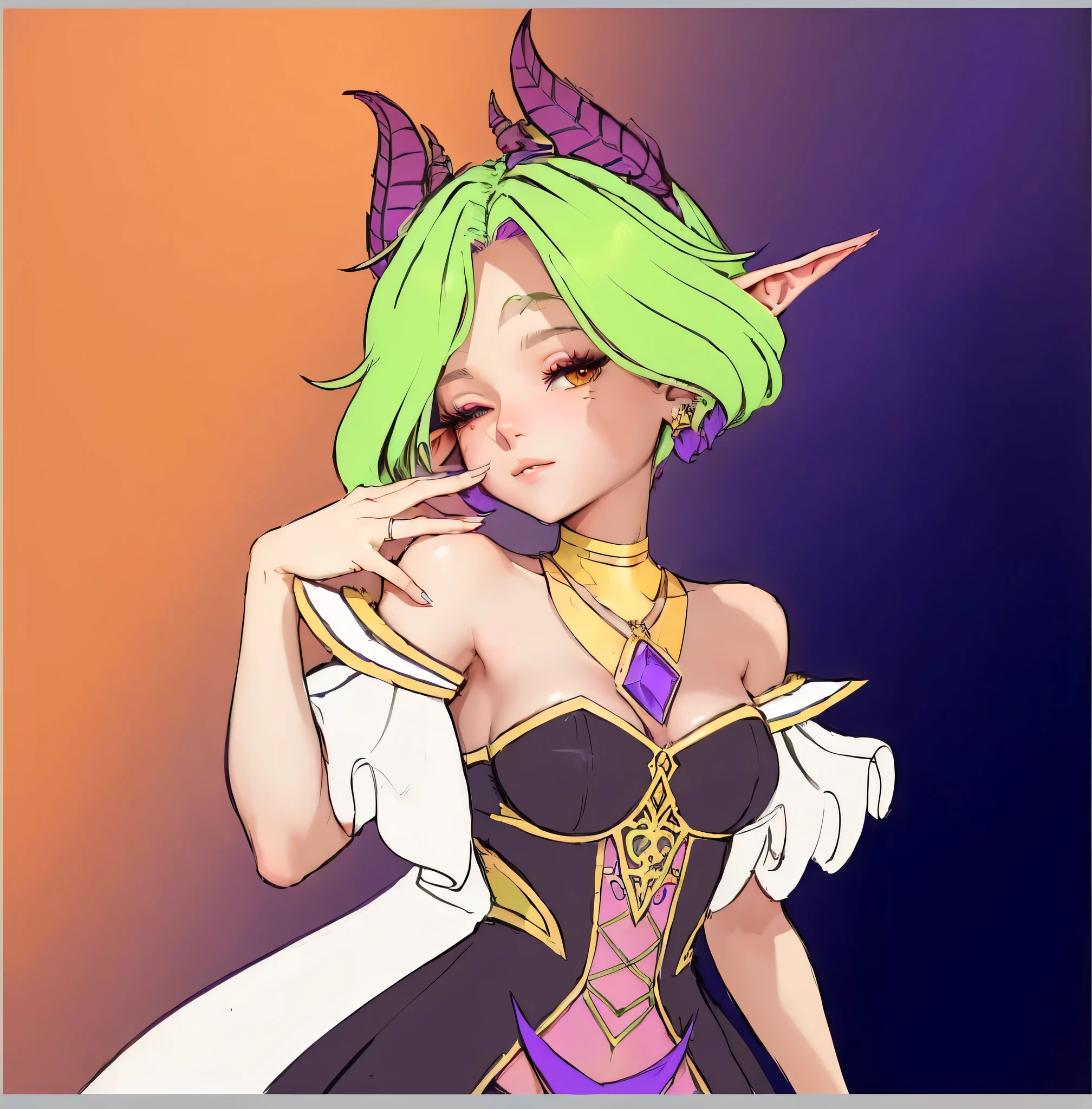 un primer plano de un personaje de dibujos aniMADos con cabello verde y cuernos morados, high resolution commission, inspired by kris by deltarrune, alluring tiefling druid, colored linear, Goddess of mischief, in Hearthstone art style, an elf queen, handsome tiefling druid, (((MAD))) elf princess, elf queen, elf girl, succubus in summer dress portrait