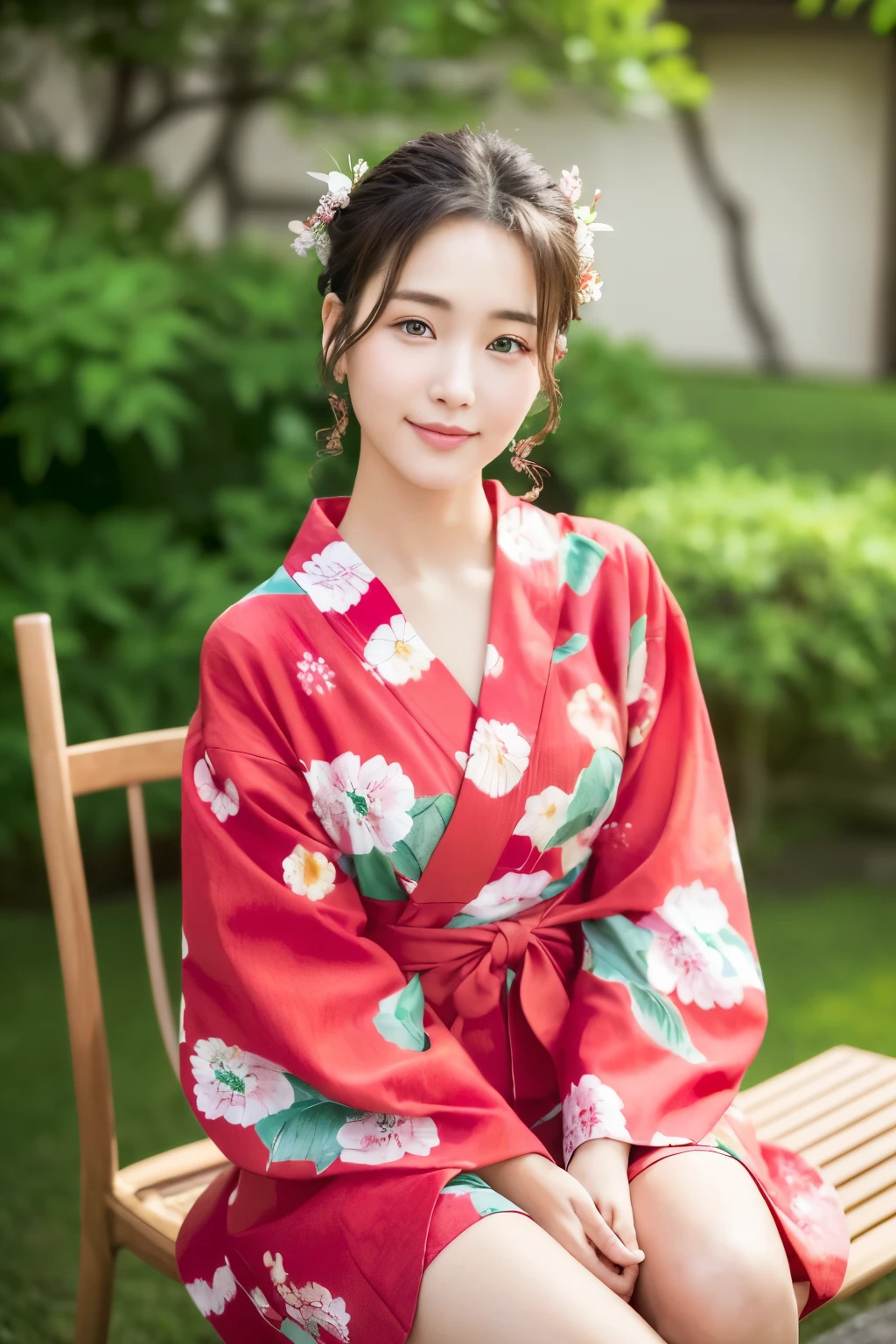 ((masterpiece、top-quality、ultra-definition、hight resolution))、solo、a beauty girl、radiant eyes、perfect eyes、Beautiful girl with Japan、18year old、natta、Yukata with red floral pattern、My chest fluttered、high-level image quality、4K、clean legs、sit a chair、