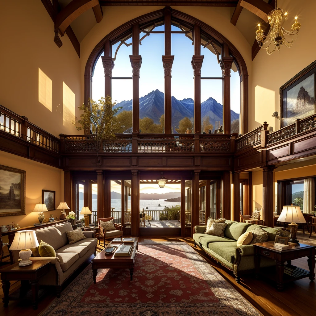 A masterpiece, an exquisite view from a large window, shelves with books, watercolor paintings, paintings on the walls, a fireplace, chic furniture, gold elements, figurines, pots with branches, bottles, glasses, cups, plates, crystal, a chest of drawers, a sideboard with a variety of books, dishes, a dreamcatcher, a neon garland, a multi-colored garland, highlights, an exquisite interior, a view from the window, a bridge, the sea, mountains, sunset, a city, neon light, night, a bed, a sofa, pillows, sconces, flowers, daylight, bright room, illuminated room, lots of light