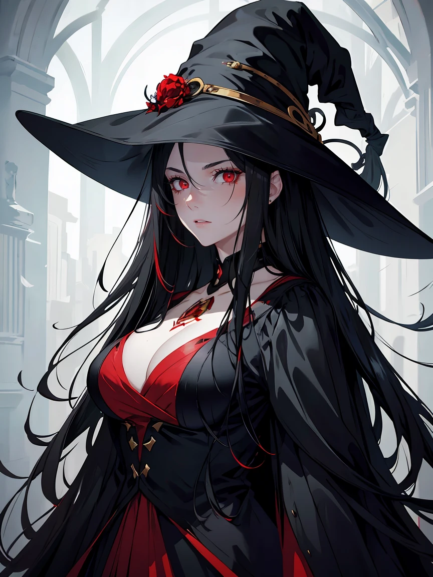 handsome woman,red-eyes,red pupils,Long black hair, grey skin, looks ill, Hyperresolution,accuracy,Detailed rendering,(Subtle facial image)(Image of fine hair)(topquality)(Masterpieces of masters)(High degree of completeness)(A sense of atmosphere)tmasterpiece,Super detailed and super detailed(half-body portrait), large witch hat, ankle length black straight hair, fierce look in her eyes,