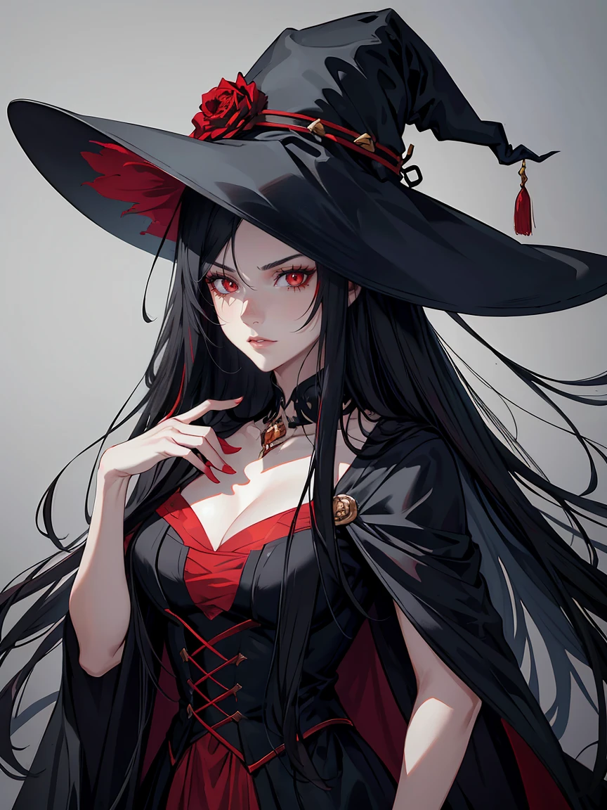 handsome woman,red-eyes,red pupils,Long black hair, grey skin, looks ill, Hyperresolution,accuracy,Detailed rendering,(Subtle facial image)(Image of fine hair)(topquality)(Masterpieces of masters)(High degree of completeness)(A sense of atmosphere)tmasterpiece,Super detailed and super detailed(half-body portrait), large witch hat, ankle length black straight hair, fierce look in her eyes,