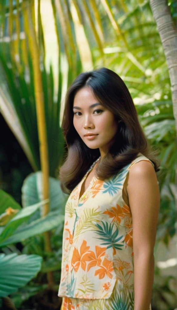 Photo of a beautiful asian woman in the 1970s, with her hair and clothing from the 1970s, the girl is walking in a beautiful tropical garden, the woman is looking straight at the camera with a lost look and a slight smile, full color with a cinematographic lighting, high definition professional photography style ,photorealistic
