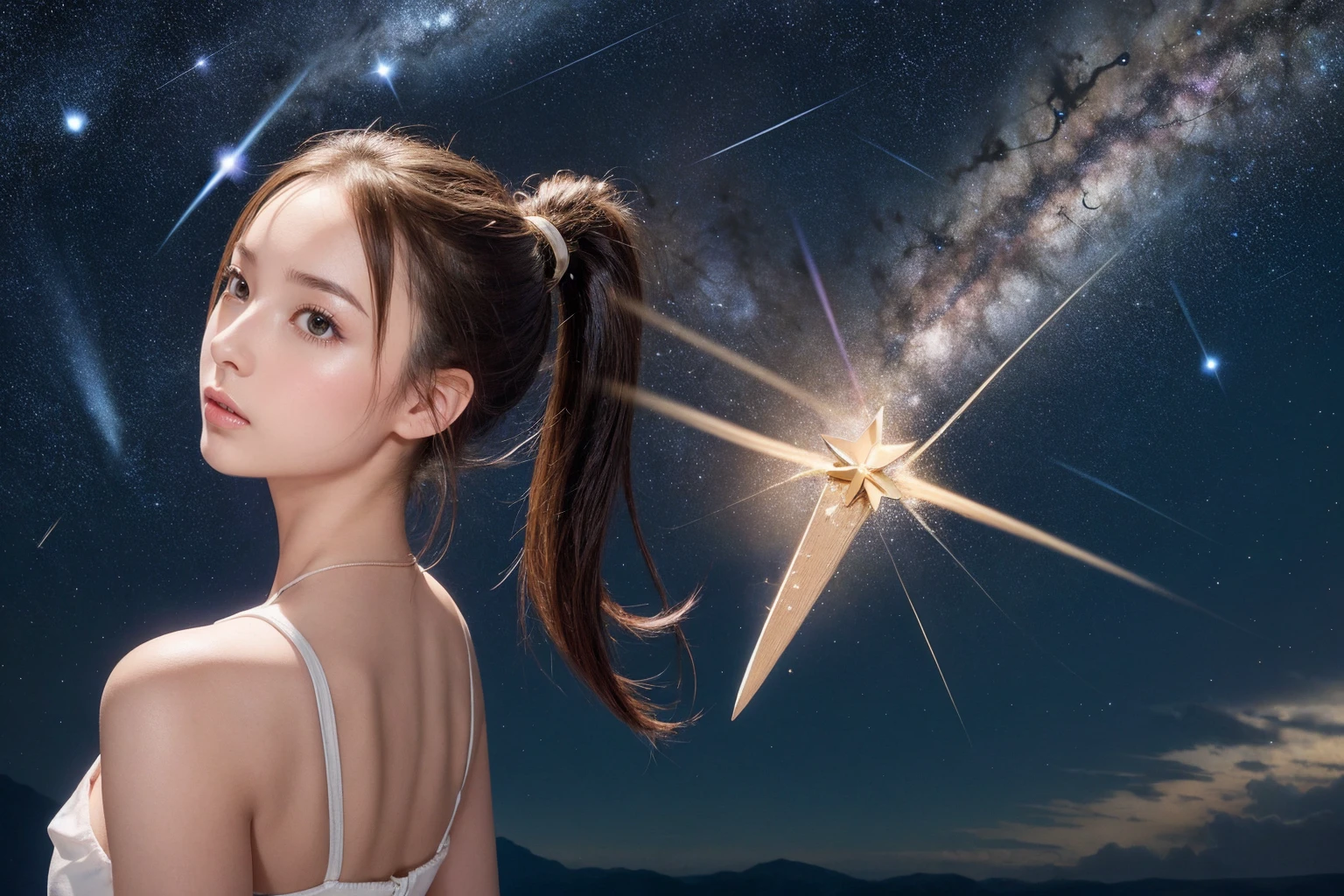 masterpiece Highest quality Cute girl (((shooting star))) Fairytale ponytail Photo style