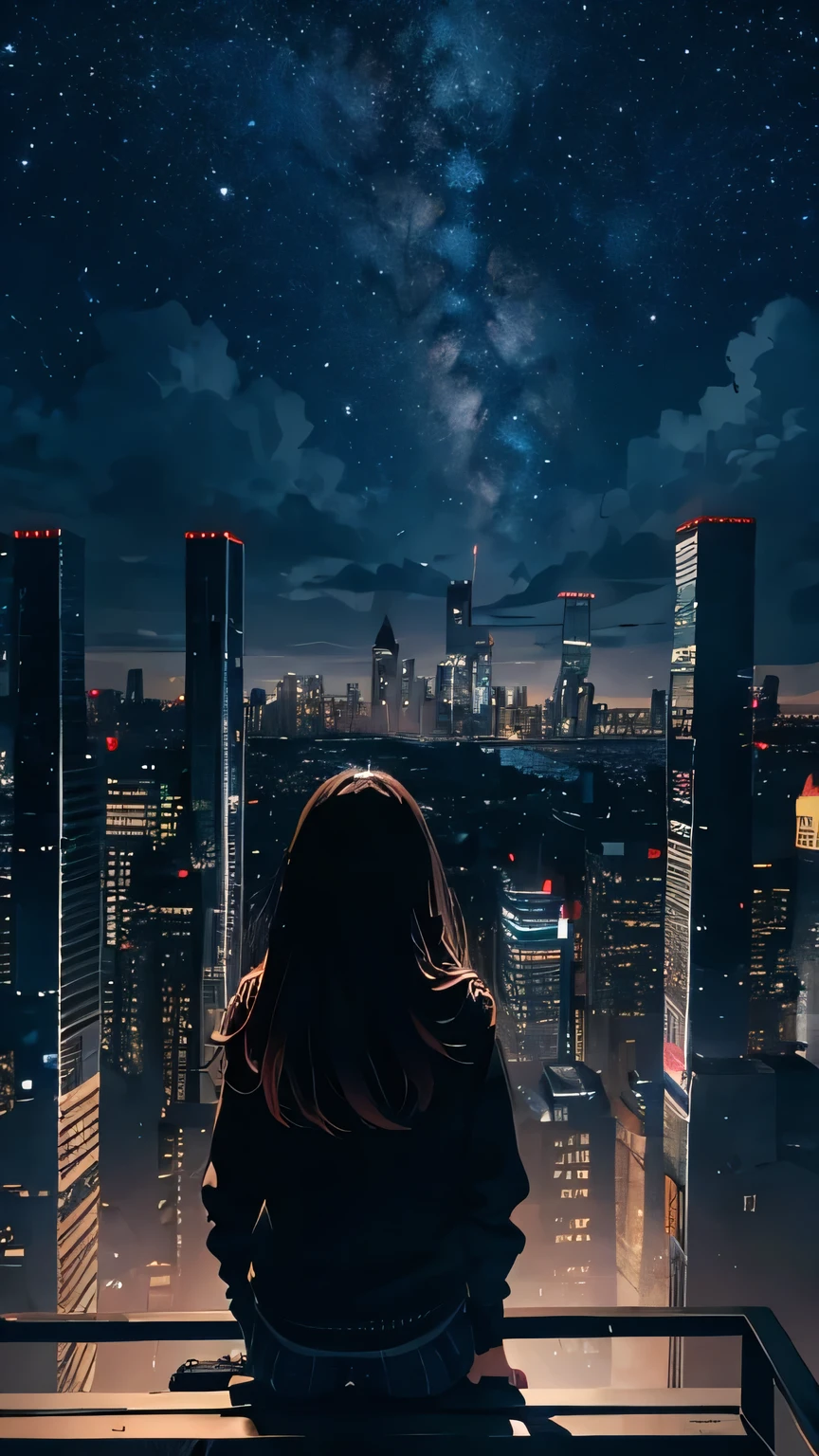 Octane, null, star (null), scenery, starry null, night, One girl, night null, alone, Outdoor, building, cloud, milky way, Sitting, wood, Long Hair, city, silhouette, cityscape