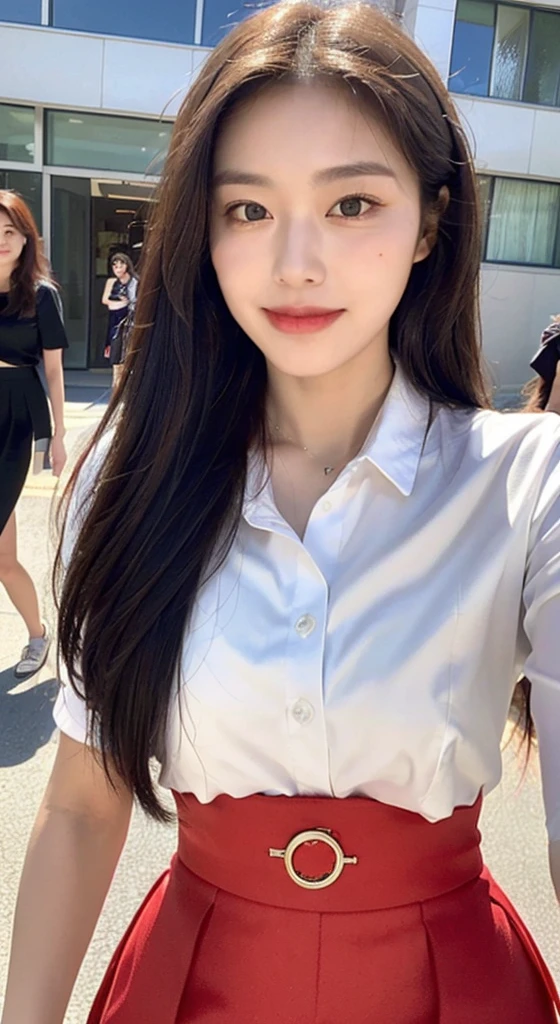 (1 Korean star with royal sister style), ((best quality, 8k, masterpiece: 1.3)), (slender body: 1.3), focus: 1.2, perfect body beauty: 1.4, (smile), (street: 1.3), highly detailed face and skin texture, fine eyes, double eyelids, whitened skin, (black straight face: 1.3), (round face: 1.5), (big red skirt: 1.4),