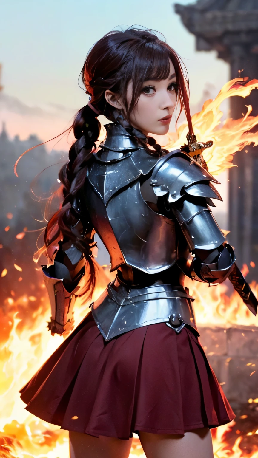 Very beautiful woman、Slender women、(Detailed face)、Realistic Skin、((Knight of Fire)), (((Red Armor:1.25)))、((((Black armor with very fine and intricate decoration))))、((Delicate photo))，(Girl Astepeace RAW Photo Details:1.25), (highest quality:1.6), (超A high resolution:1.5), (Realistic:1.75), 8K resolution, Canon EOS R5, 50mm, Absurd, Ultra-detailed,Cinema Lighting,Battlefields of Medieval Europe、((battle))、RPG World、Final Fantasy、(((Embellished skirt)))、Thigh-high socks、Shin Guards、night、((too long bangs))、((One long thick dark red hair braid))、Get six-pack、Torn Cloak、Beautiful Armor、(((Giant Sword)))、In combat、The wind is blowing、(((Inferno filling the entire area)))、(((Leading a large group of red knights)))、(((Knight Commander)))、Armor with a Phoenix motif、Old scar on right cheek:1.2、((Fire blaze))、(((Battle Scene)))、((nsfw))