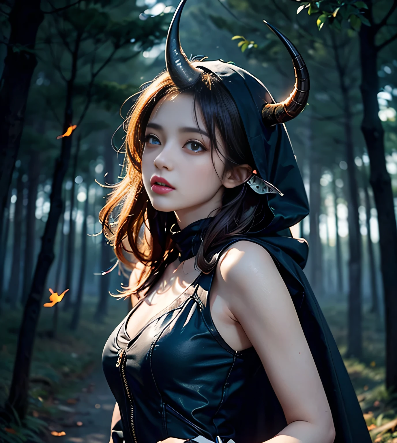 "Solitary". Cowboy shooting, (Gray gloomy background, Dark Forest. Melancholy and despair, Dark Dramatic Lighting, Vignette), Realistic eyes, Pretty Face, 1. Girl in perfect shape, Druid, There are large antlers on the head, (The horn is fully visible in the frame:1.5). Long straight hair, Flowers, firefly, Tangled branches, (She wears a veil with a hood), ((Perfect anatomical structure)), full, Upper Body, Head-to-back shooting, (Glowing eyes), A black magic, Gothic, Burn orange gradient, magic, nature, magic splash, 3D vector graphics, Fantasy Art, Watercolor effect, bokeh, Hand Painted, number, Soft lighting, Isometric style, Retro aesthetics, 4K resolution, Use Cinema 4D, natural lighting, , masterpiece, Very detailed, Wheel within wheel, Ultimate texture, Fear, Excellent, crawl, Scarimog'Refinement and tranquility. Emphasis on low-poly style, The overall appearance should be stylish and beautiful, This makes it suitable for branding and logos.
