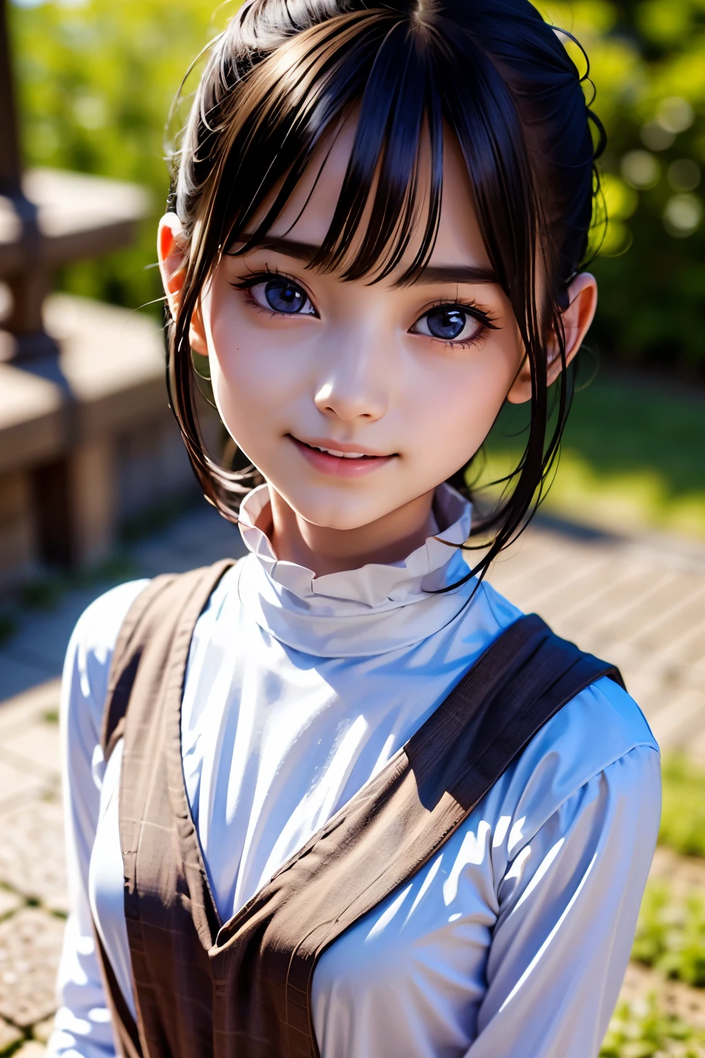 detailed face, cute face, ((masterpiece, Highest quality)), (One girl), (alone), (Focus on women), night (Chainsaw Man),(Highly detailed face, The real picture, Realistic white skin, Realistic body, Intricate details), Upper Body, Severe , Brown eyes, Looking at the audience, bandage over the body, Black Hair, Long sleeve shirt, Pinafore dress, Black tie, bandage, bandage, Small breasts