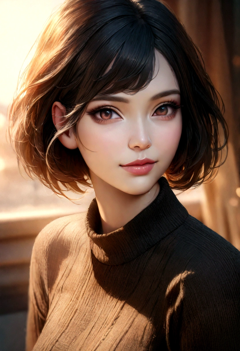 1girl, ((((solo)))), ( short brown hair, happy, lipstick, wearing black wool blouse with turtleneck, wearing black pants, serious look: 1.15), masterpiece, body model osculptural, spring afternoon, open field, soft warm light, trees blowing in the wind, looking forward, motion blur lens