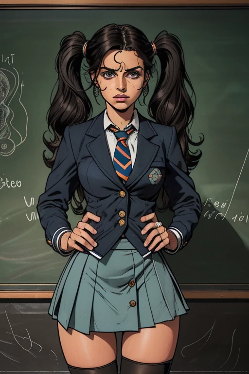 (((best qualityer), (hyper realist), mh-yk, 1 , alone, blackquality hair, eyes browns, long  hair, wearing private university uniform, blue blazer style with buttons, tie and tight skirt followed by knee socks,, big fit ass,, twintails, plein-air, hair rings, gazing at viewer, university anatomy club scene, de pé encostada na loja gazing at viewer, sweet look, inside a closed room with a blackboard behind full of drawings of the human body