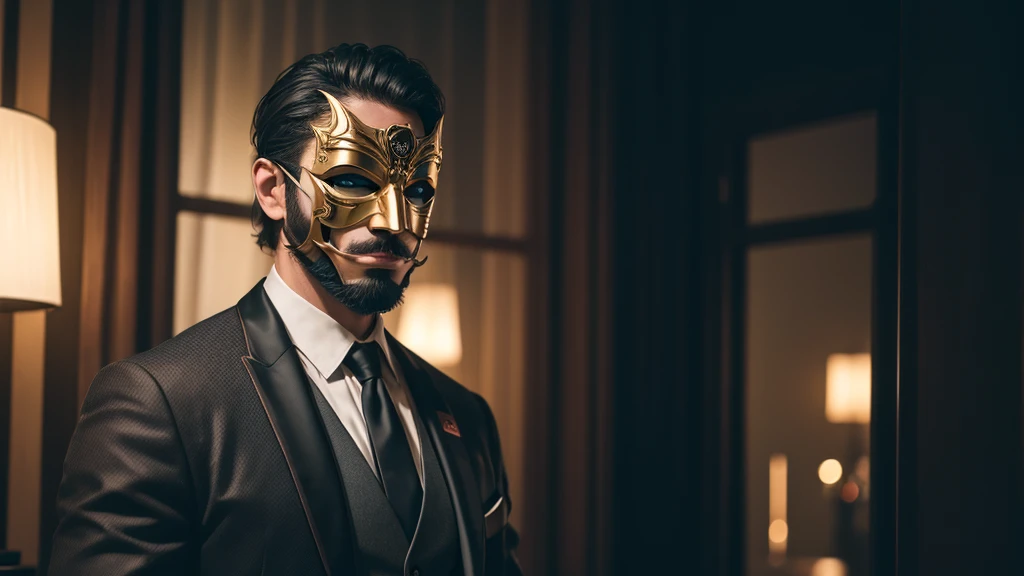 a fake man wearing a fancy mask, 8k hd, dslr, soft lighting, high qualiy, Film grain, Fujifilm XT3