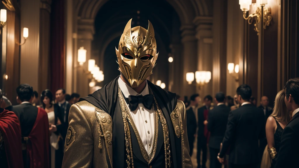 a fake man wearing a fancy mask, 8k hd, dslr, soft lighting, high qualiy, Film grain, Fujifilm XT3