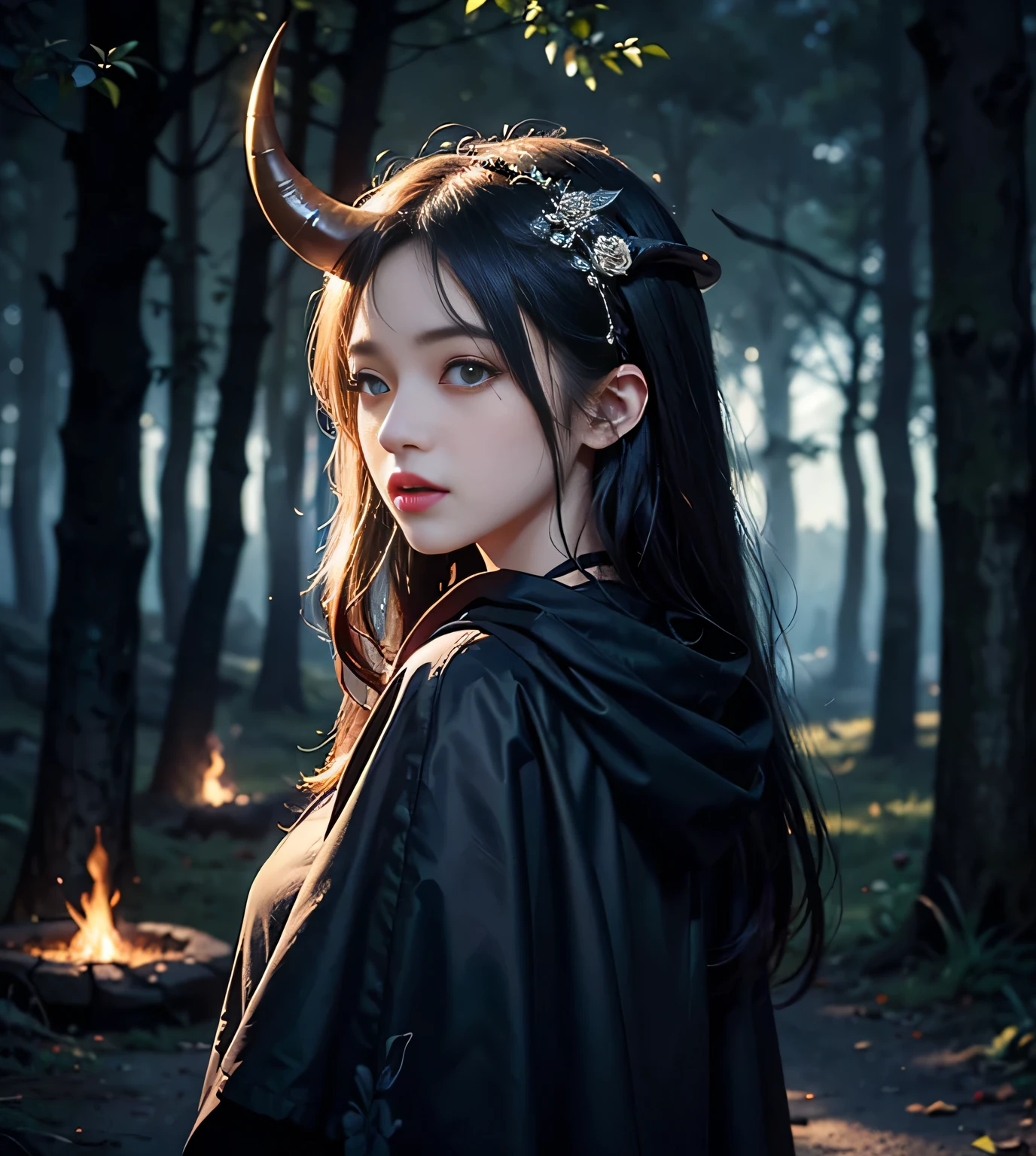 "Solitary". Cowboy shooting, (Gray gloomy background, Dark Forest. Melancholy and despair, Dark Dramatic Lighting, Vignette), Realistic eyes, Pretty Face, 1. Girl in perfect shape, Druid, There are large antlers on the head, (The horn is fully visible in the frame:1.5). Long straight hair, Flowers, firefly, Tangled branches, (She wears a veil with a hood), ((Perfect anatomical structure)), full, Upper Body, Head-to-back shooting, (Glowing eyes), A black magic, Gothic, Burn orange gradient, magic, nature, magic splash, 3D vector graphics, Fantasy Art, Watercolor effect, bokeh, Hand Painted, number, Soft lighting, Isometric style, Retro aesthetics, 4K resolution, Use Cinema 4D, natural lighting, , masterpiece, Very detailed, Wheel within wheel, Ultimate texture, Fear, Excellent, crawl, Scarimog&#39;Refinement and tranquility. Emphasis on low-poly style, The overall appearance should be stylish and beautiful, This makes it suitable for branding and logos.