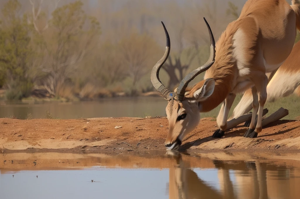 there is a gazelle drinking water from a pond with its horns