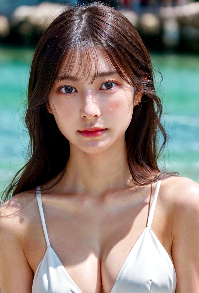 (Highest quality,8K quality,masterpiece:1.3,),(Ultra-high resolution:1.3,Realistic:1.4,RAW Photos:1.2),(Super detailed:1.2,Glowing Skin,Detailed skin:1.1),(Detailed face,Perfect Anatomy,Caustics:1.2), (Symmetrical eyes:1.3),1 Girl,cute,Japanese,24 talents,Japanese Ido,Natural brown hair,Long Hair,cute目,Natural Makeup,bikini,Laughter,Looking into the camera,On the face,Face Focus,Professional Writing,Natural soft light,Clothes that reveal cleavage,Seaside