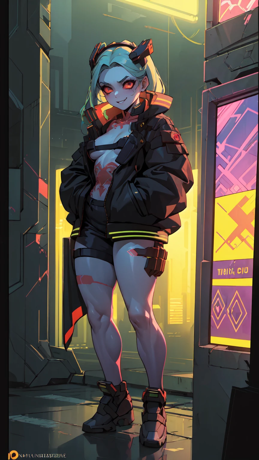 work of art, best qualityer, ultra detali, illustration, epic lighting, film composition, 1 girl, cute, red sclera,red pupils, cyborg, tatoo, hair green, colored fur, breasts small, Black jacke, standing, legs apart hands with black gloves with yellow details, lovely gaze, captivating pose, trunk:1.1, gazing at viewer, pretentious smile, cloused mouth, plein-air, citys, cyber punk, neon lights, Street, (natta, tenebrosa, tenebrosaness, tenebrosa como breu, eyeshadows:1.4), (8K:1.1),  