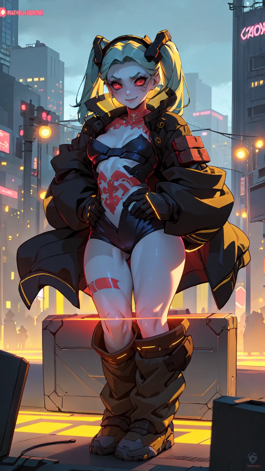 work of art, best qualityer, ultra detali, illustration, epic lighting, film composition, 1 girl, cute, red sclera,red pupils, cyborg, tatoo, hair green, colored fur, breasts small, Black jacke, standing, legs apart hands with black gloves with yellow details, lovely gaze, captivating pose, trunk:1.1, gazing at viewer, pretentious smile, cloused mouth, plein-air, citys, cyber punk, neon lights, Street, (natta, tenebrosa, tenebrosaness, tenebrosa como breu, eyeshadows:1.4), (8K:1.1),  