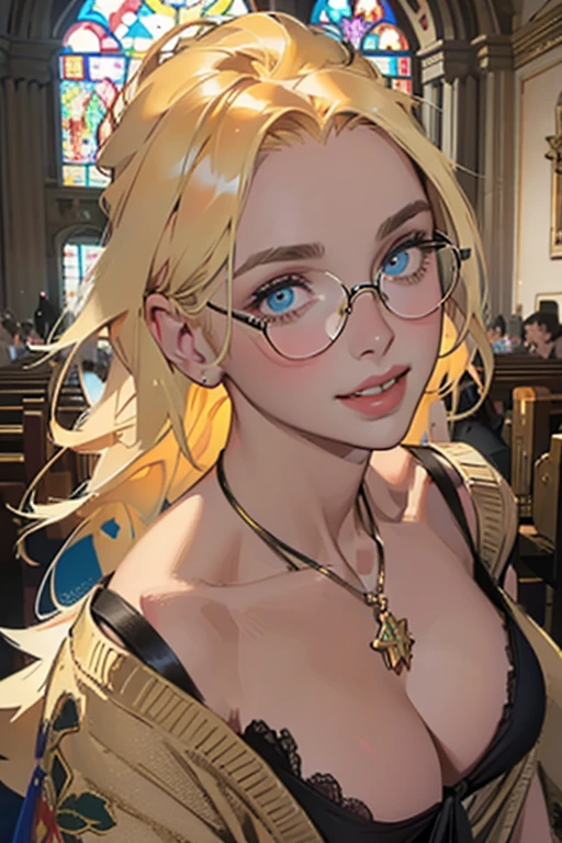 Wanna fuck?((close-up of woman's face:1.4)),(in church),(realistic illustration). cute 27 yo ((blonde:1.3)) Caucasian woman with green eyes. Sexy (chubby:0.7) figure, natural breasts, beautiful ass. ((lustful eyes, charming smile:1.2)). Eyeglasses, cardigan, black floral print sundress, Masterpiece, (highly detailed:1.2),(detailed face and eyes:1.2), 8k wallpaper, cinematic lighting. core shadows, high contrast, bokeh.