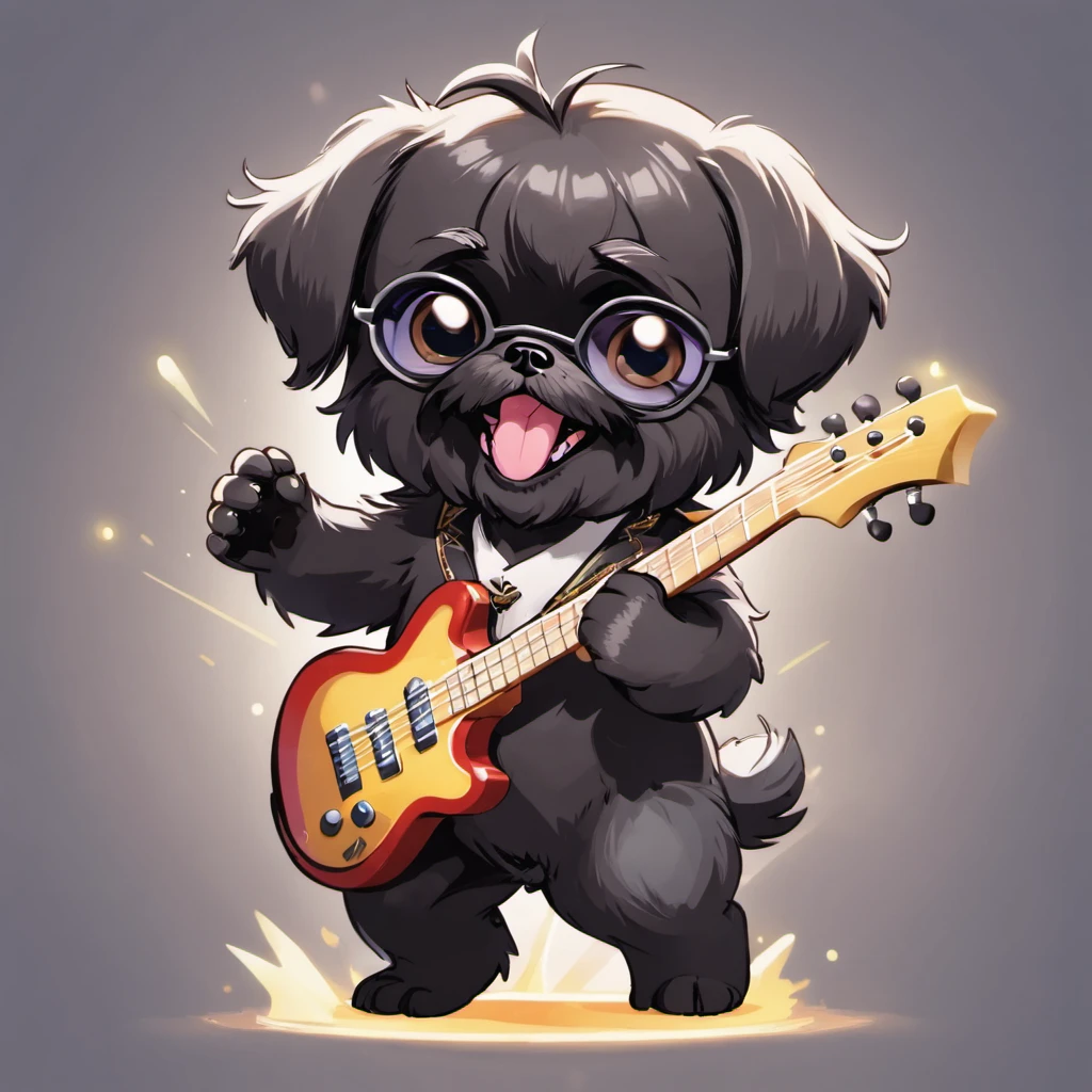 Adorable small black happy Shih Tzu puppy playing guitar wearing sun glasses Pixar style cartoon 3D