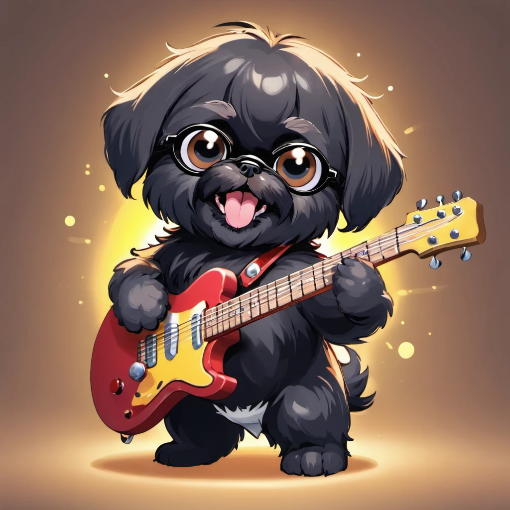 Adorable small black happy Shih Tzu puppy playing guitar wearing sun glasses Pixar style cartoon 3D