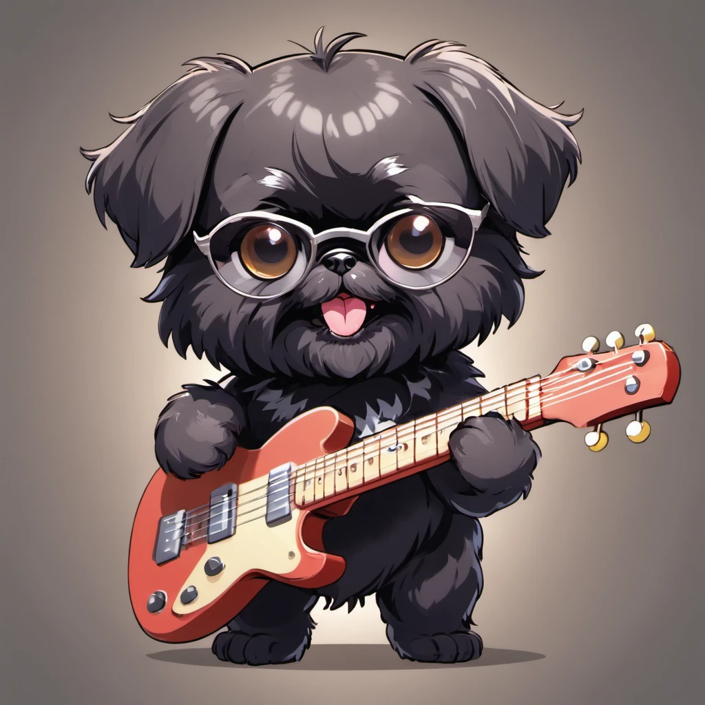 Adorable small black happy Shih Tzu puppy playing guitar wearing sun glasses Pixar style cartoon 3D