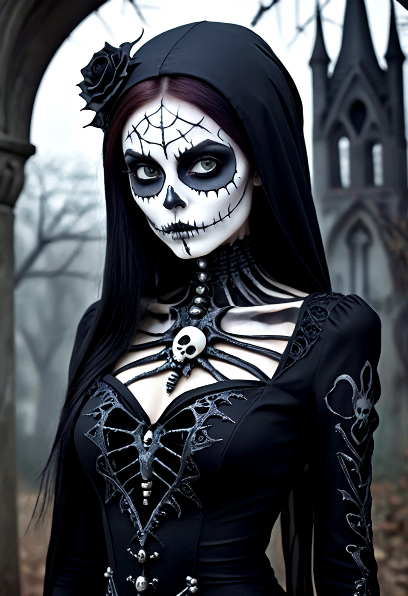 arafed woman with a skeleton make up and a black bodysuit, skeleton girl, in style of tim burton, beautiful sally Skellington, alluring and terrifying, in style of anne stokes, beautiful necromancer girl, scary look,  bride style, jack skellington, gothic maiden, gothic girl, gothic horror vibes, gothic art style, gothic makeup, gothic clothing