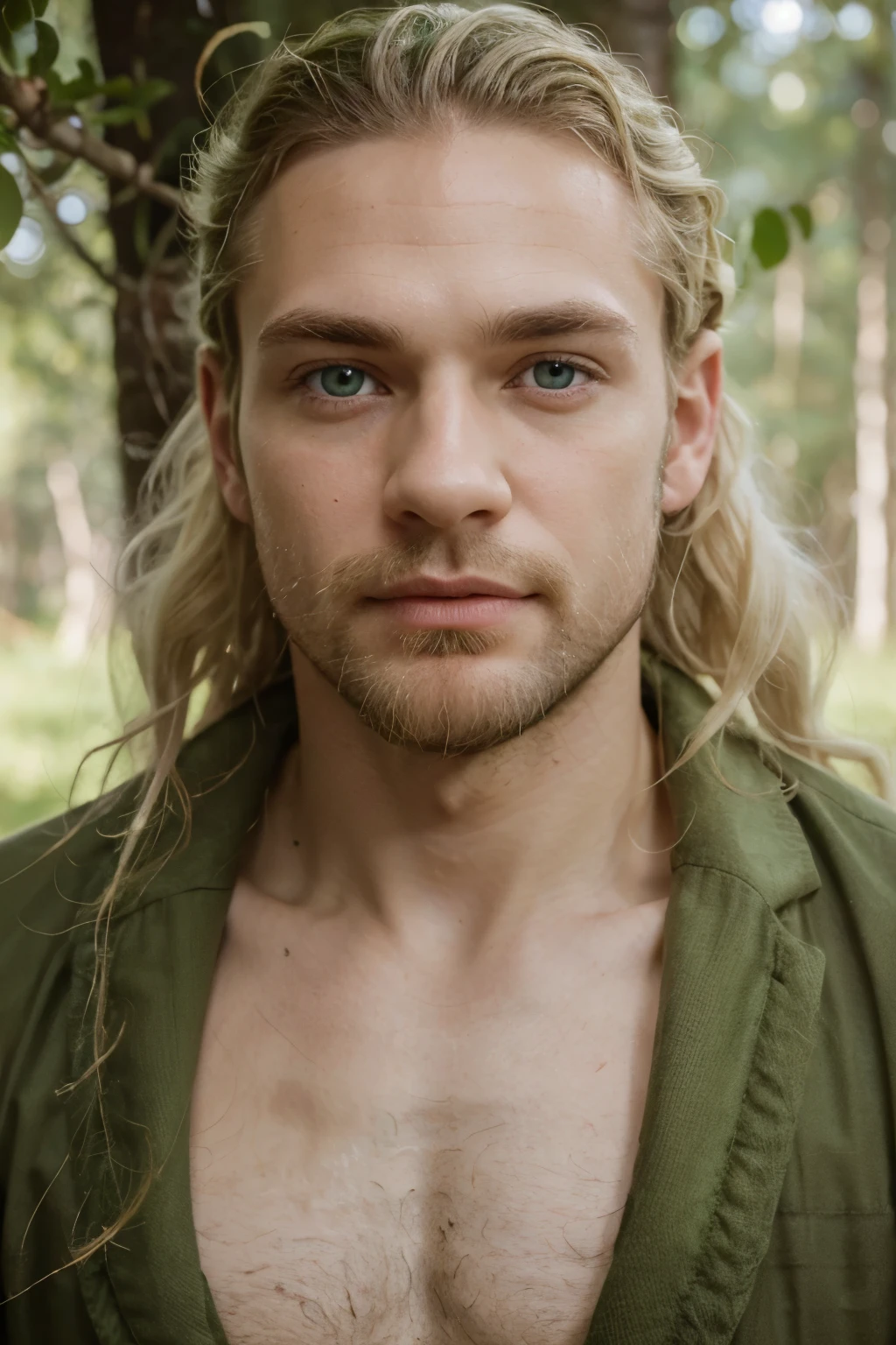 (man) with ears that end in points, pale white skin color, nose turned up, eyebrows loaded green pupils of his big green eyes, small white teeth, strip body fine fingers eyes freshness of dawn, broad forehead with falling curls, a chin with a blonde beard that looks like moss.