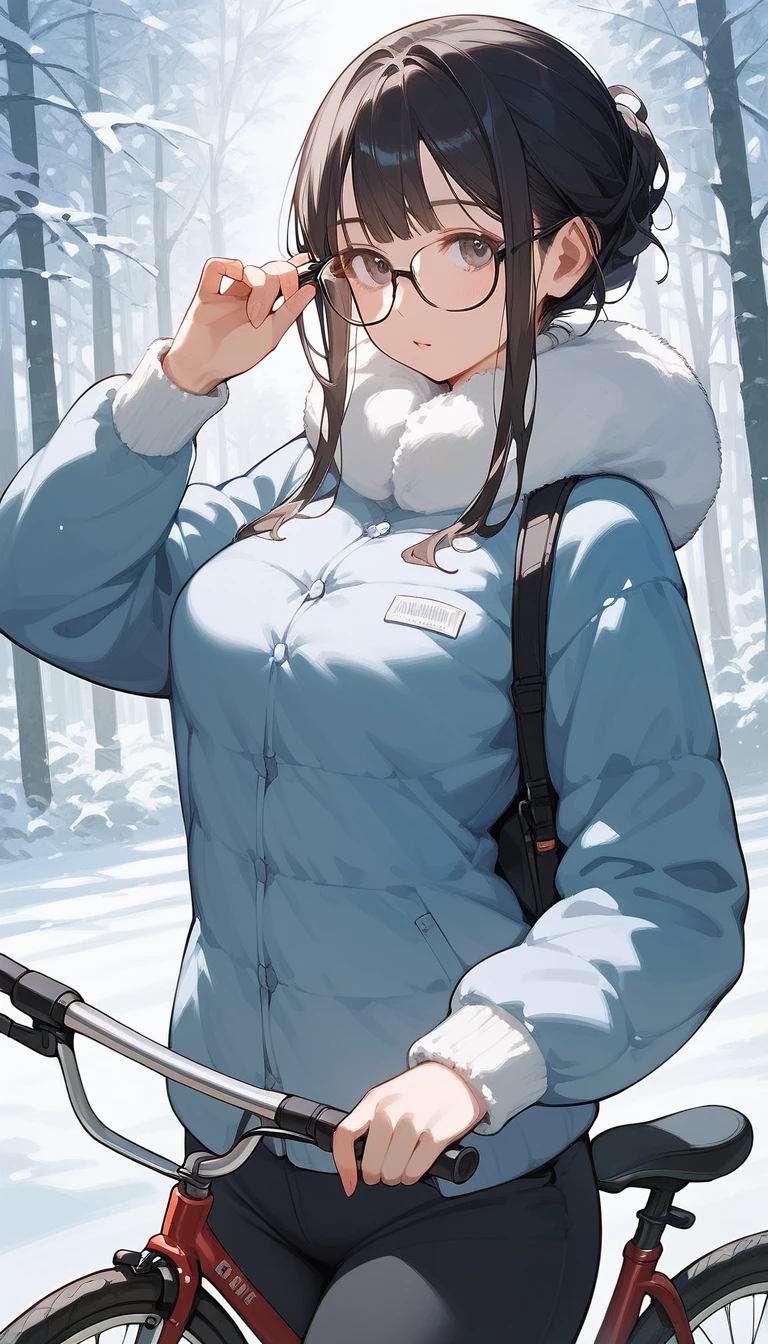 score_9, score_8_up, score_7_up,1 female. Bangs hairstyle, face. winter clothing, Breasts, Thick-rimmed glasses. (detailed black rim glasses). 22-years-old beautiful female. pants. Put the hand on the bicycle handle. beautiful hands. no background.