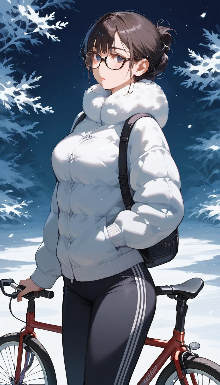 score_9, score_8_up, score_7_up,1 female. Bangs hairstyle, face. winter clothing, Breasts, Thick-rimmed glasses. (detailed black rim glasses). 22-years-old beautiful female. pants. Put the hand on the bicycle handle. beautiful hands. no background.