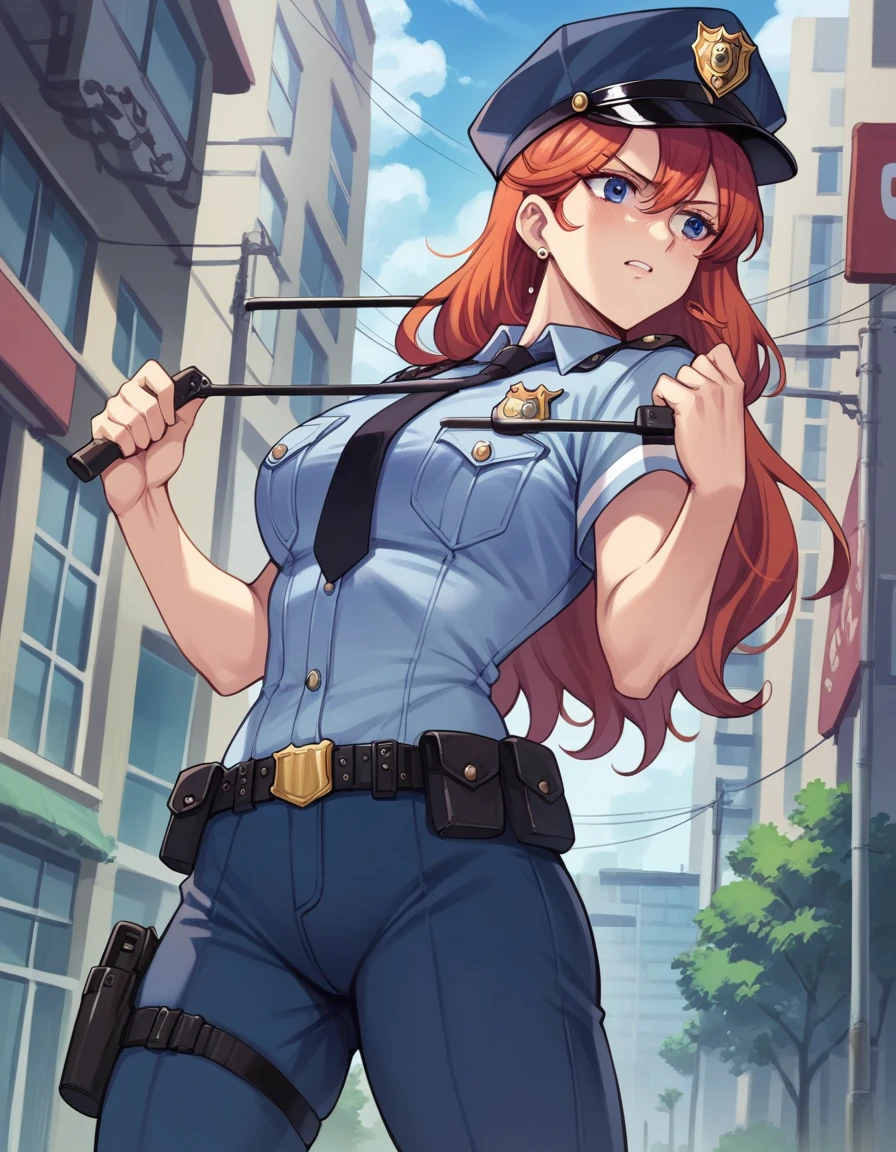 There is a woman in a police uniform, official, police official, (Yoshida Yuuko), relaxed police, Attire: cop, redhead woman, yoshida yuuko wearing a police uniform, high resolution commission, sheriff woman, Lois van Baarle y Rossdraws, bottomless, leotard blue, bare legs, standing,