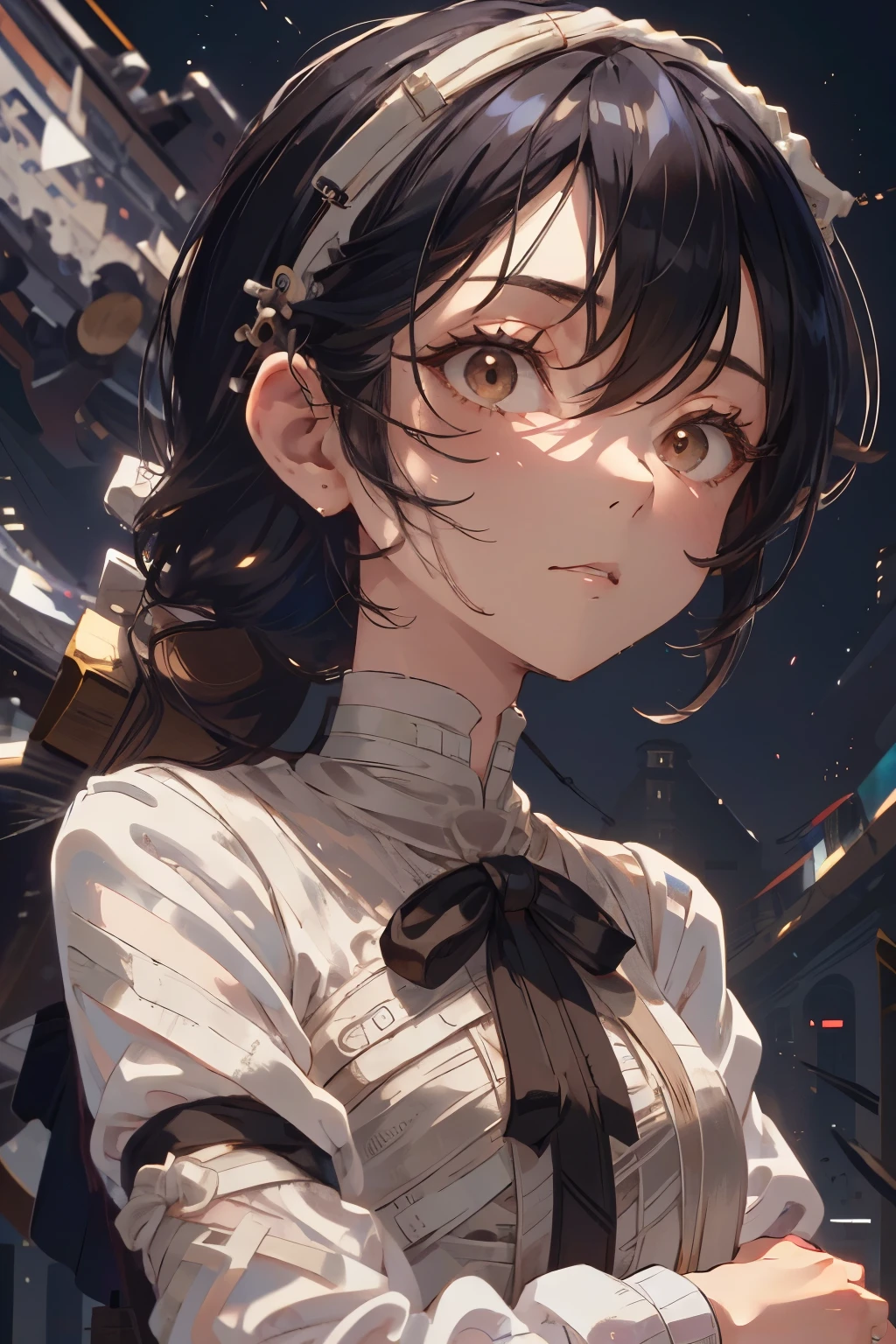 detailed face, cute face, ((masterpiece, Highest quality)), (One girl), (alone), (Focus on women), night (Chainsaw Man),(Highly detailed face, The real picture, Realistic white skin, Realistic body, Intricate details), Upper Body, Severe , Brown eyes, Looking at the audience, bandage over the body, Black Hair, Long sleeve shirt, Pinafore dress, Black tie, bandage, bandage, Small breasts