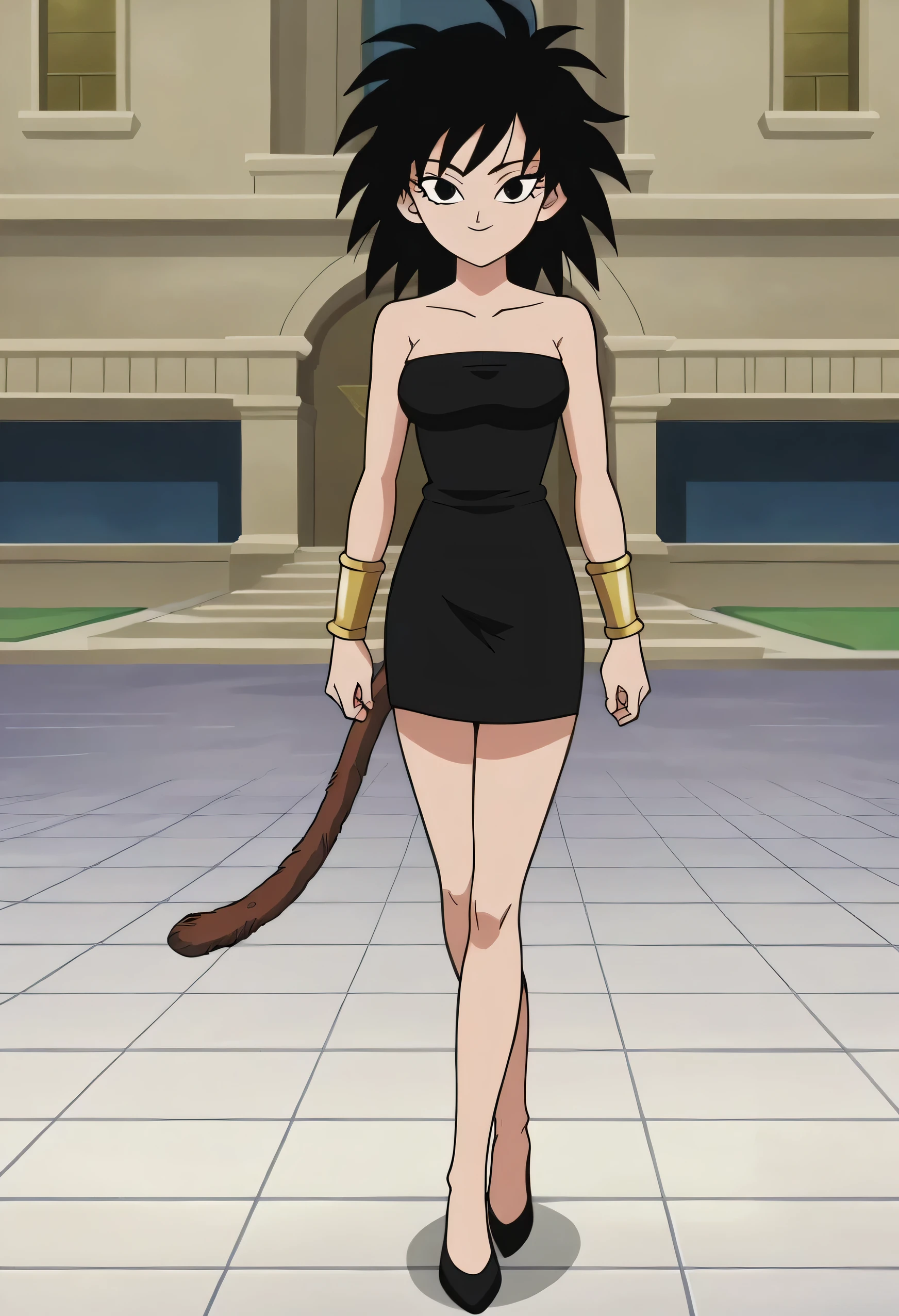 source_anime, score_9,score_8_up, score_7_up, ginedb, anime screencap, 1girl, solo, looking at viewer, medium breasts, black hair, bare shoulders, medium breasts, smile, cowboy shot, medium hair, black eyes, spiked hair, eyelashes, bare neck, seductive smile, bare shoulders, strapless black tube dress, black pencil skirt, black high heels, walking straight to the left, gold bracelet, a mansion ballroom, lovely legs, masterpiece, best quality, Hd, 8K, anime screencap, tapestry