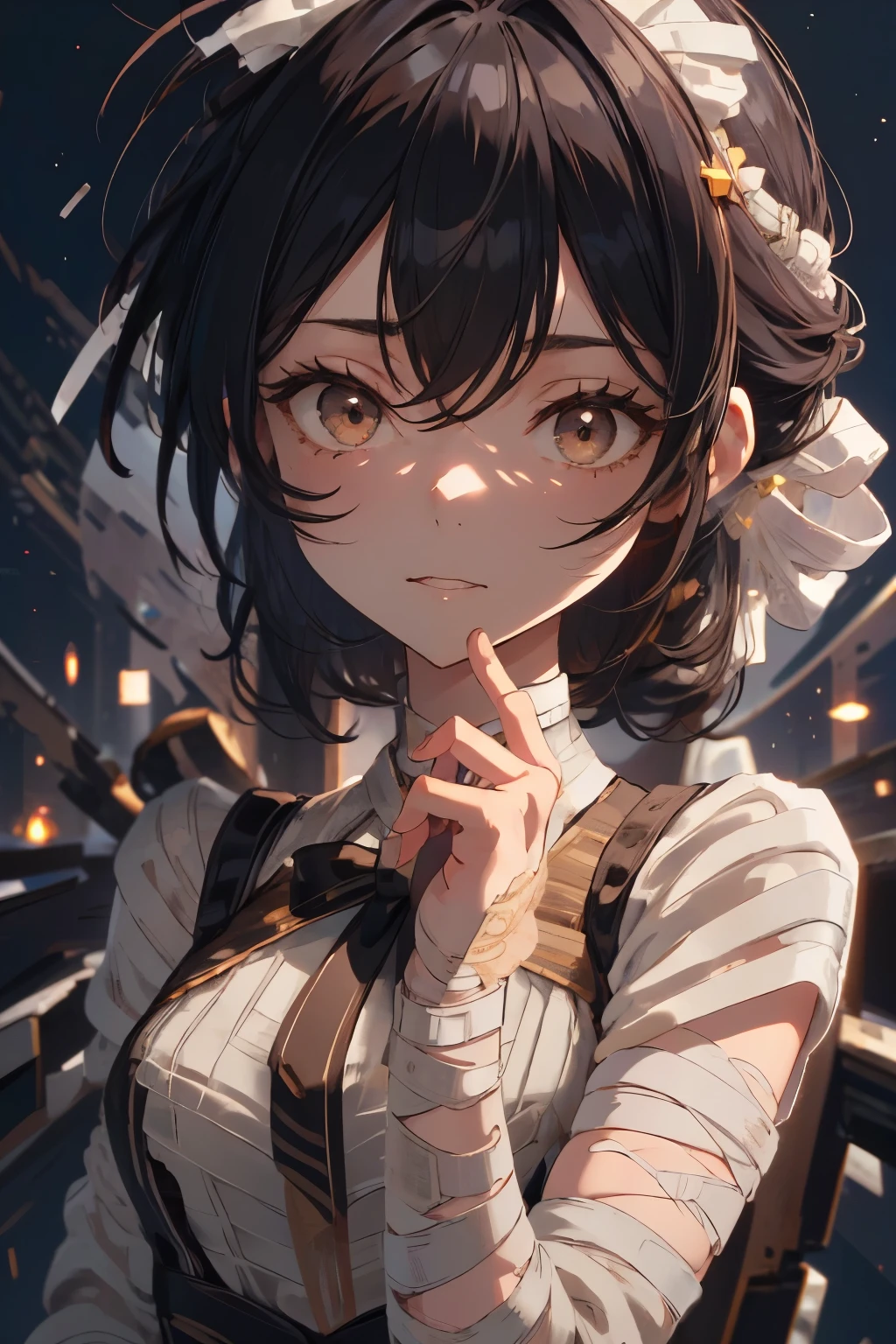 detailed face, cute face, ((masterpiece, Highest quality)), (One girl), (alone), (Focus on women), night (Chainsaw Man),(Highly detailed face, The real picture, Realistic white skin, Realistic body, Intricate details), Upper Body, Severe , Brown eyes, Looking at the audience, bandage over the body, Black Hair, Long sleeve shirt, Pinafore dress, Black tie, bandage, bandage, Small breasts