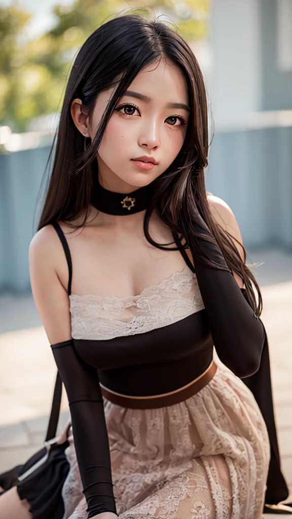 photoactual, Lip Gloss, actual, best quality, Ultra-high resolution, depth, pastel colors, Natural shades, focus on face, Just face, looking at the audience, long hair, black hair, brown and detailed eyes, Black skirt, Gloves, anatomically correct