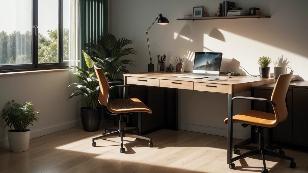 A modern home office setup, captured in an ultra-realistic and cinematic medium, features a sleek, minimalist black desk and chair, surrounded by lush green plants, which add a touch of natural elegance. A warm, yellow table lamp softly illuminates the space, casting a cozy glow on the dark, rich wood flooring. As the sun sets, the warm, orange-tinged evening light peeks through the window, subtly highlighting the state-of-the-art computer and accessories, creating a peaceful, focused atmosphere, perfect for a productive evening work session.