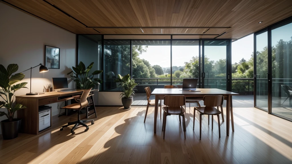 A modern home office setup, captured in an ultra-realistic and cinematic medium, features a sleek, minimalist black desk and chair, surrounded by lush green plants, which add a touch of natural elegance. A warm, yellow table lamp softly illuminates the space, casting a cozy glow on the dark, rich wood flooring. As the sun sets, the warm, orange-tinged evening light peeks through the window, subtly highlighting the state-of-the-art computer and accessories, creating a peaceful, focused atmosphere, perfect for a productive evening work session.