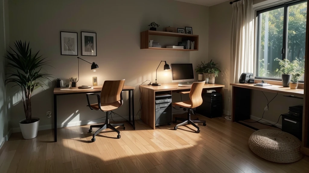A modern home office setup, captured in an ultra-realistic and cinematic medium, features a sleek, minimalist black desk and chair, surrounded by lush green plants, which add a touch of natural elegance. A warm, yellow table lamp softly illuminates the space, casting a cozy glow on the dark, rich wood flooring. As the sun sets, the warm, orange-tinged evening light peeks through the window, subtly highlighting the state-of-the-art computer and accessories, creating a peaceful, focused atmosphere, perfect for a productive evening work session.