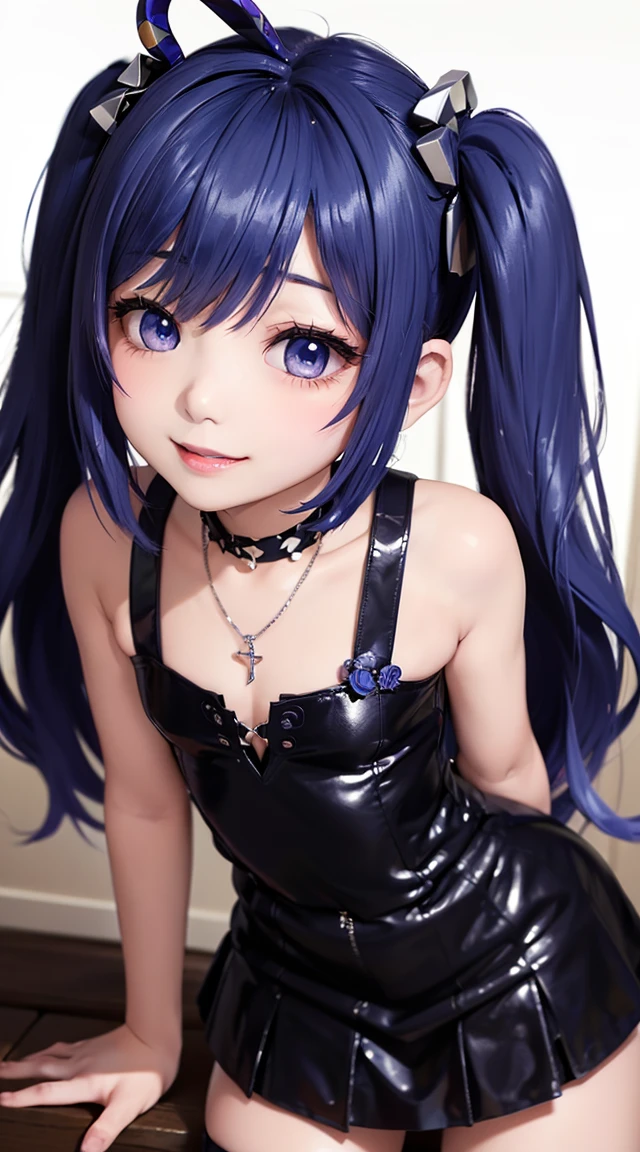 (masterpiece:1.3), (Best Quality:1.3), (Ultra-detailed:1.2), ((kawaii)), Cute, (lovely), ((sexy)), ((Extremely detailed)), 4K, (8K), Best Quality, (Beautiful), Illustration, anime style, (bold line:1.2), Gradation, looking at viewer, //, (bent down:1.1), (arms behind back), //, a cute girl, 1girl, (solo:1.2), gleaming skin, //, (flat chested), (Perfect eyes:1.2), (Perfect iris:1.2), //, darkblue hair color, (beautiful eyes) //, (half closed eyes:1.3), (sexual expression:1.2), Fascinated expression, smile, (blush:1.2), //, modern city background, on rock, twin tails, muscle girl, hard abs, exposed abs, NECKLACE, gothic dress, skirt