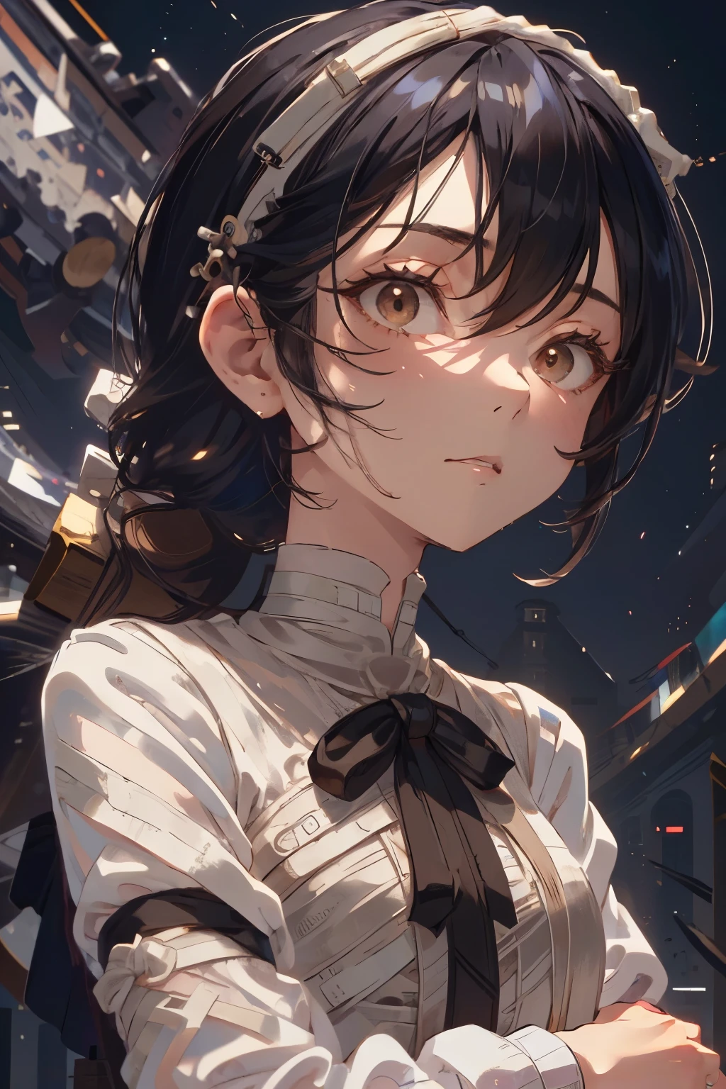 detailed face, cute face, ((masterpiece, Highest quality)), (One girl), (alone), (Focus on women), night (Chainsaw Man),(Highly detailed face, The real picture, Realistic white skin, Realistic body, Intricate details), Upper Body, Severe , Brown eyes, Looking at the audience, bandage over the body, Black Hair, Long sleeve shirt, Pinafore dress, Black tie, bandage, bandage, Small breasts