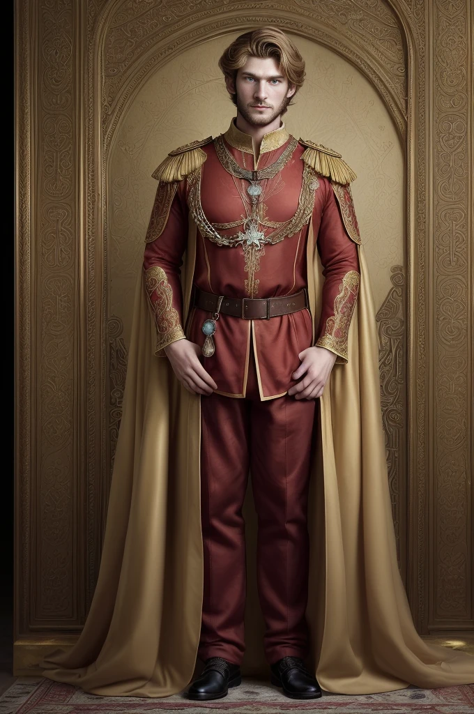 A Man 30 years old, full body, wearing an outfit in classic medieval style, He is wearing a red tunic made of thick cotton fabric, the tunic has elaborate details, with voluminous sleeves, the high, ornate collar of detailed fabric, the pants are cotton, patterned sewing to the body in black, he is wearing a thick, heavy golden necklace with a large, elaborate medal hanging from the center, in the shape of a lion, The man has light brown hair going blonde golden, large in length, combed back, he has a no beard as if it was growing after trimming, which gives it an air of nobility and elegance, your face looks like Alex Pettyfer and serious, with an expression of contemplation or authority, he is standing, in a full body image, with an erect and dignified posture, conveying confidence and presence, The background is a luxurious environment