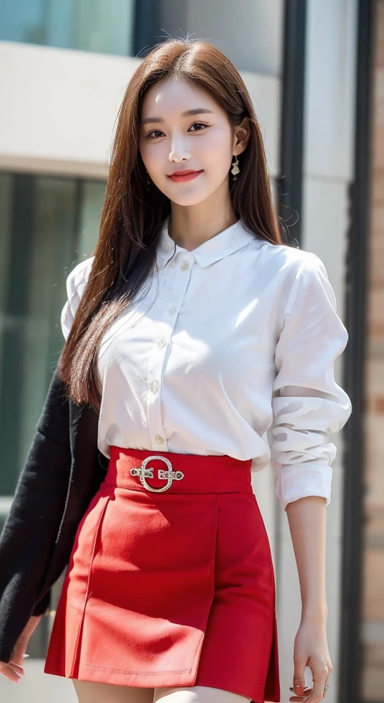 (1 Korean star with royal sister style), ((best quality, 8k, masterpiece: 1.3)), (slender body: 1.3), focus: 1.2, perfect body beauty: 1.4, (smile), (street: 1.3), highly detailed face and skin texture, fine eyes, double eyelids, whitened skin, (black straight face: 1.3), (round face: 1.5), (big red skirt: 1.4),