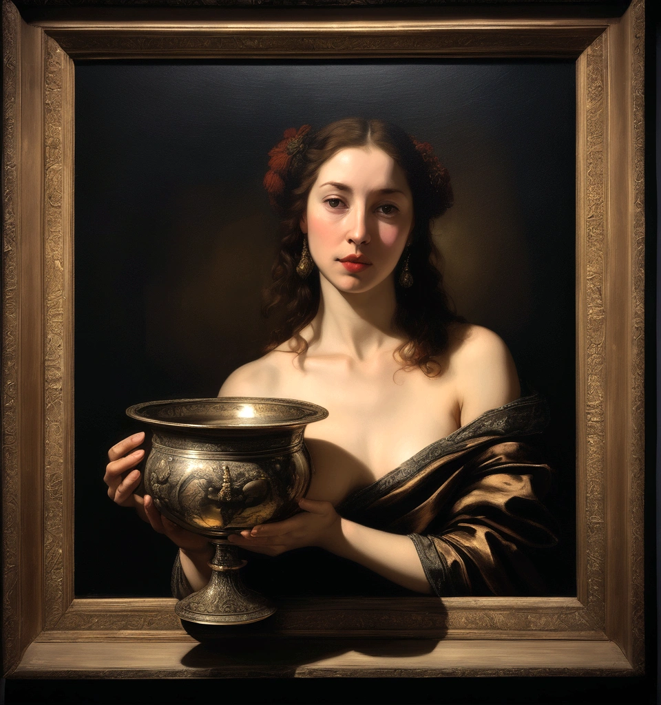 nude woman holding a vase in her hands, exhibitionism, masterpiece, 16th century painting, baroque style, Renaissance painting, lights and colors in the style of Rembrandt, dark backgrounds, antique painting effect, all details