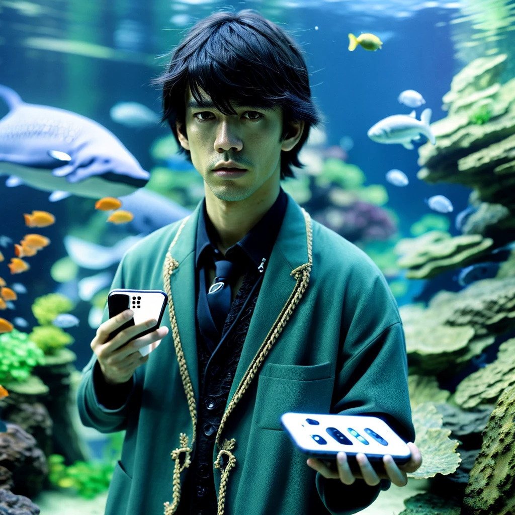 (3D:0.5,realistic:0.5,photorealistic:0.5),(absurdres,Super-resolution,masterpiece,best quality,finely detailed,absurdres:1.2), dramatic light, dramatic illumination, cinematic, anime scenery, makoto shinkai, ghibli, aquarium, aqua world, fish, whale, 1male, asian male, handsome boy, attractive boy, holding phone, blue jacket, black short hair, lanyard, fantasy world