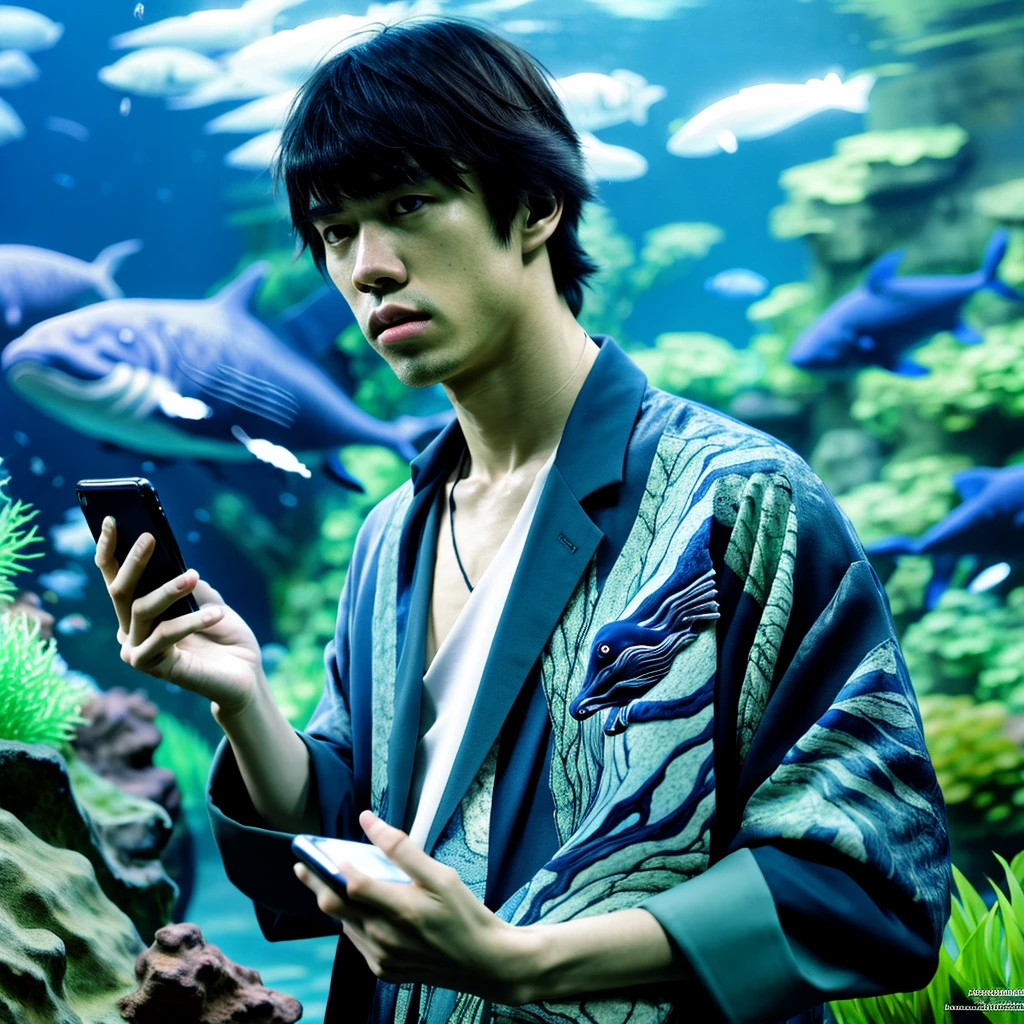 (3D:0.5,realistic:0.5,photorealistic:0.5),(absurdres,Super-resolution,masterpiece,best quality,finely detailed,absurdres:1.2), dramatic light, dramatic illumination, cinematic, anime scenery, makoto shinkai, ghibli, aquarium, aqua world, fish, whale, 1male, asian male, handsome boy, attractive boy, holding phone, blue jacket, black short hair, lanyard, fantasy world