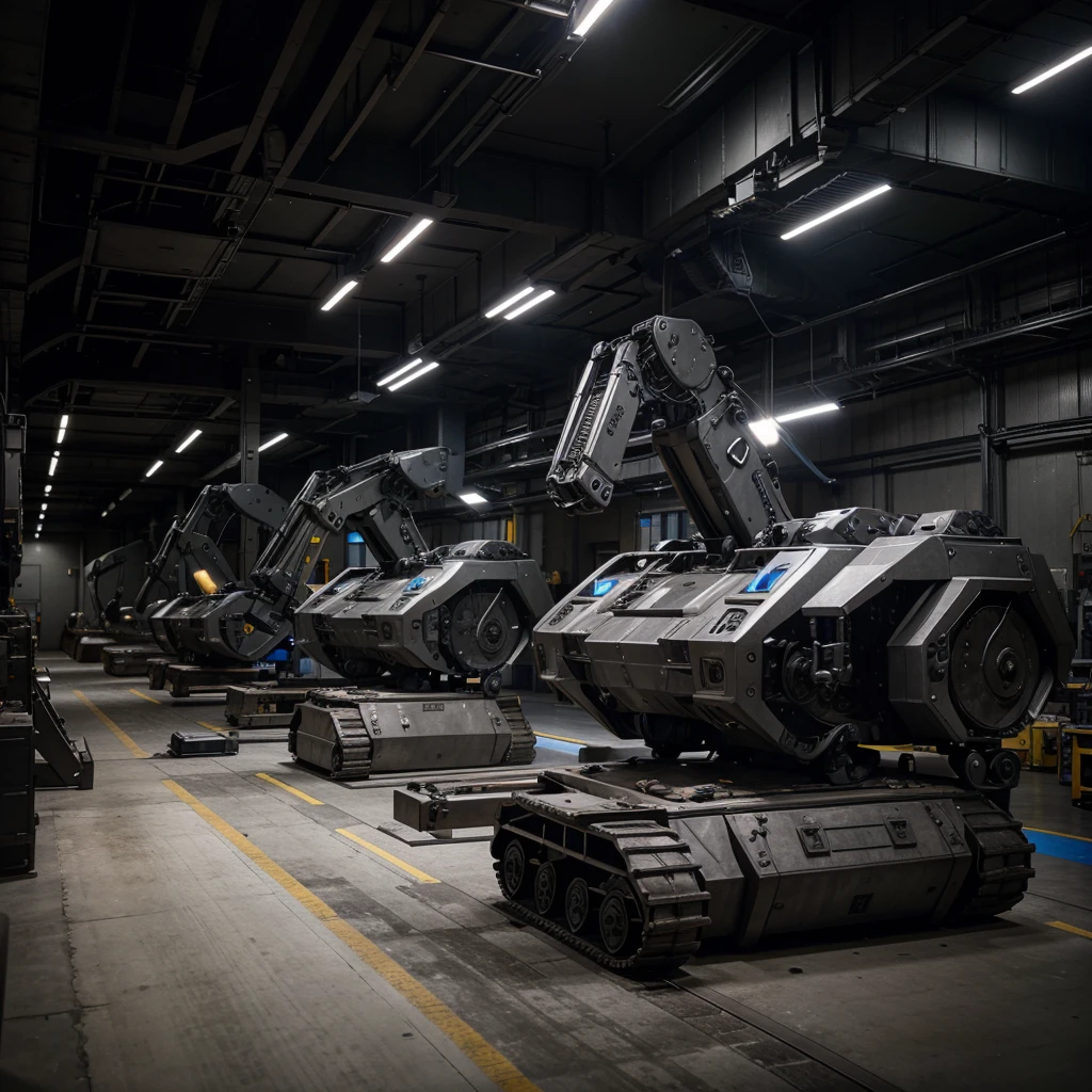 interior of an ultra advanced factory of automated and robotic military machinery, automated assembly line of military machinery, military vehicles half assembled by robotic arms, many tubes, computers and servers, robotic machinery, metal floor, bluish tones, well lit, 4k , Ultra detailed image, realistic, Highly detailed, perfect composition, gorgeous, Intricately detailed, incredibly detailed, Art photography 8K, hyper detailed, Masterpiece, Ultra detailed, hyper realistic, 4k, Ultra detailed image, realistic, Highly detailed, perfect composition, beautiful, intricately detailed, incredibly detailed, art photography 8k, hyper detailed, masterpiece