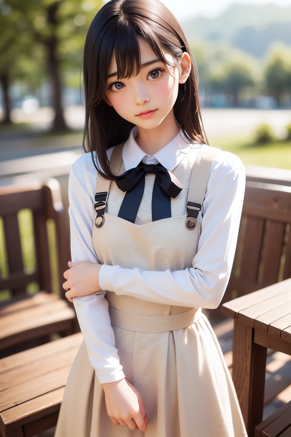 detailed face, cute face, ((masterpiece, Highest quality)), (One girl), (alone), (Focus on women), night (Chainsaw Man),(Highly detailed face, The real picture, Realistic white skin, Realistic body, Intricate details), Upper Body, Severe , Brown eyes, Looking at the audience, bandage over the body, Black Hair, Long sleeve shirt, Pinafore dress, Black tie, bandage, bandage, Small breasts